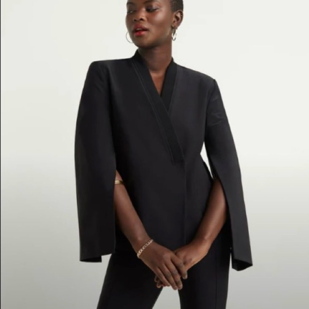 GSTQ Tech-Twill Double-Breasted Blazer Stretch Cape Sleeve Jacket NWT SZ S